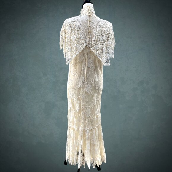 VTG 80s JESSICA MCCLINTOCK Ivory Lace Victorian Style Wedding Dress High Neck 6 - Picture 4 of 12